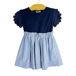 Crewcuts Navy Blue Split Floral Sleeve Striped Skirt Dress Size 2